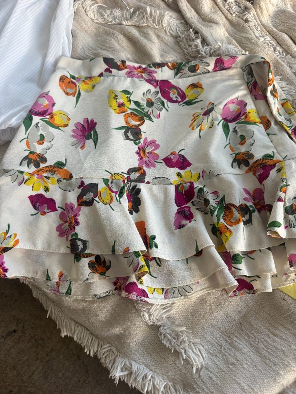 Zara Floral Ruffle Tiered Mini Skirt Cream